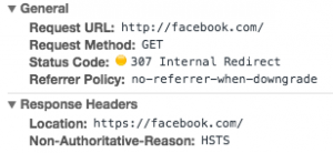 Capture d'écran de Chrome Dev Tools montrant une redirection interne lors d’une tentative d’accès à Facebook en HTTP dans Chrome 60